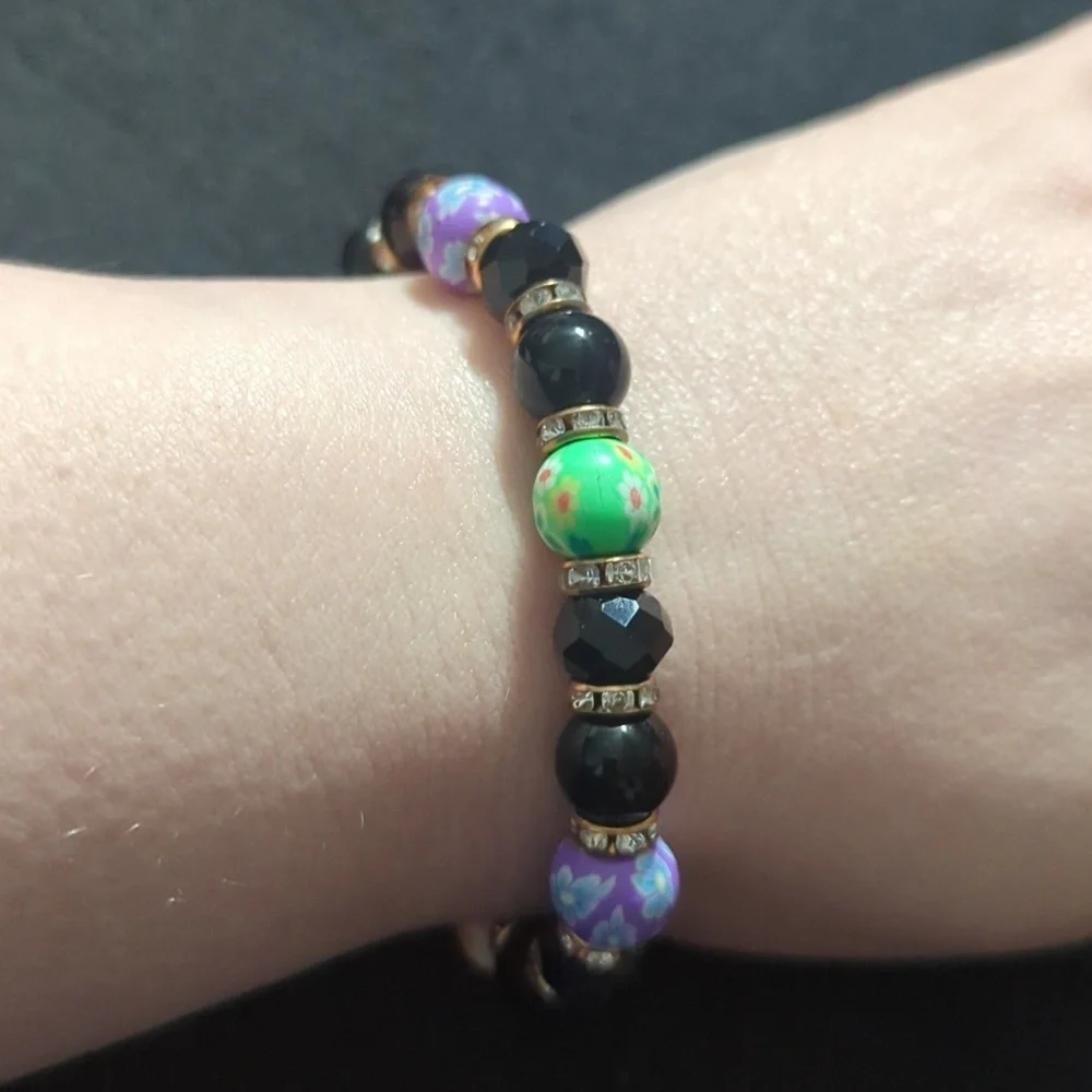Gold Tone Clear Rhinestone Black and Pastel Beaded Stretchy Statement Bracelet